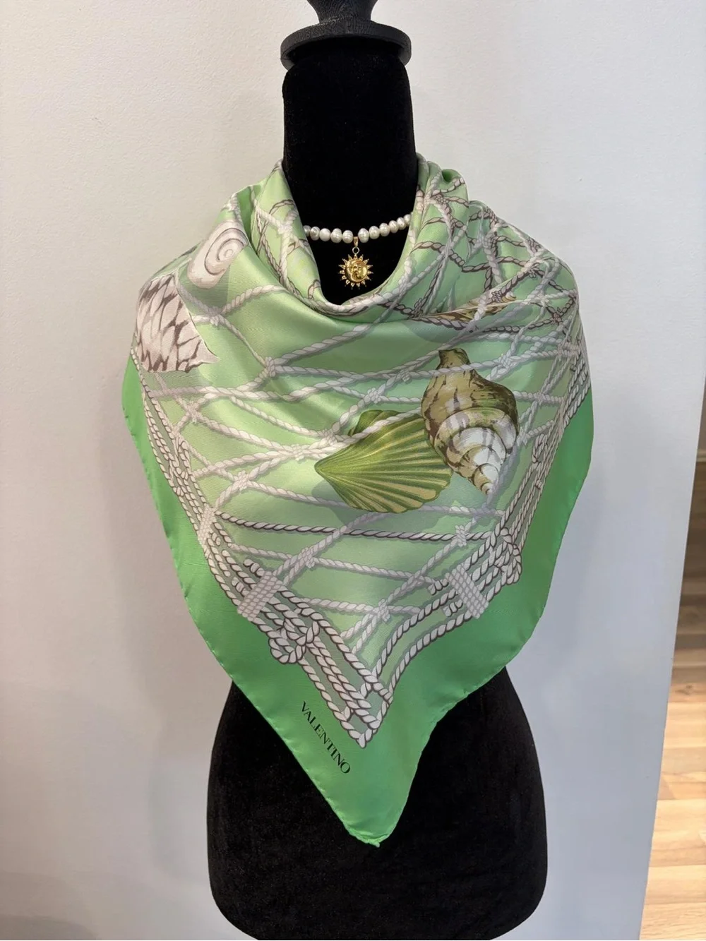 Valentino Silk Scarf Green Shell Rope Hand Rolled Made in Italy